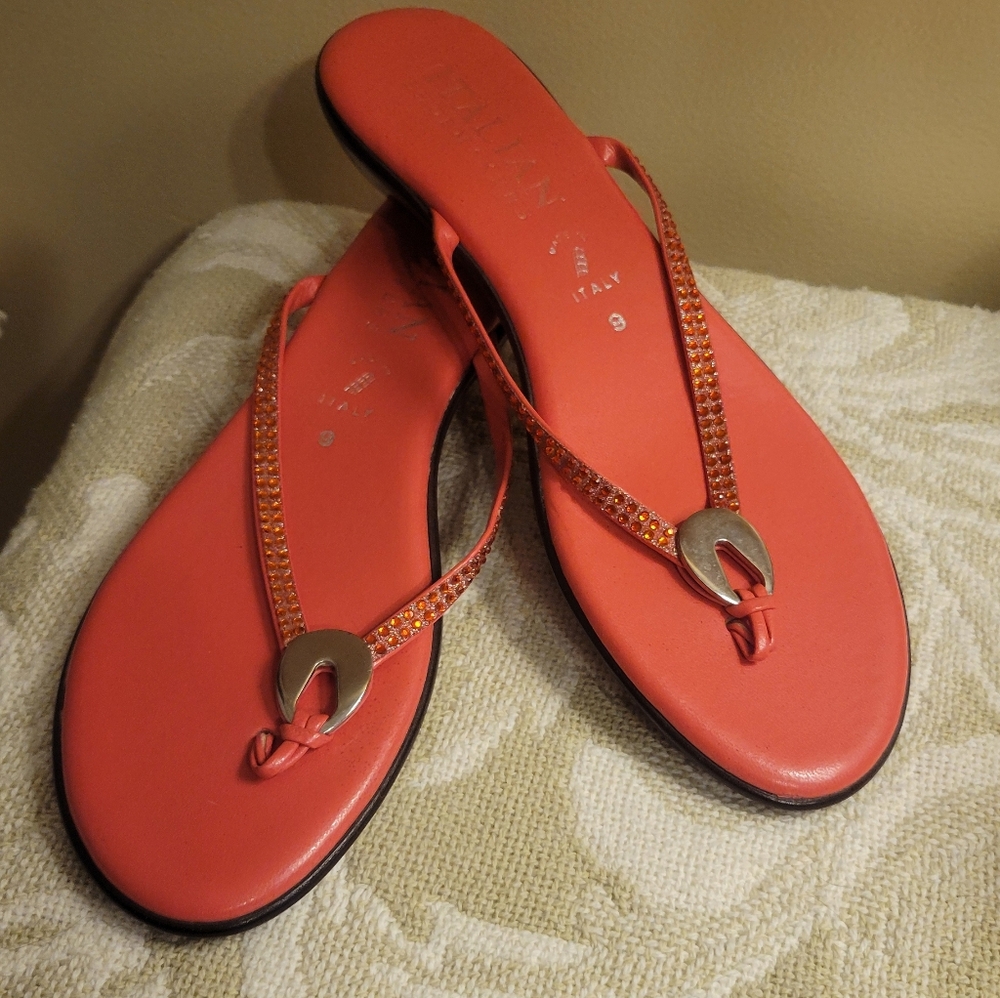 Italian Shoemakers Elegant Coral Pink Rhinestone Sandals Slight Heel